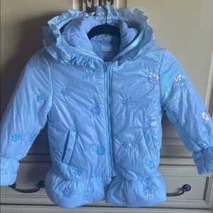 Blue Hooded Puffer Jacket with Snowflake Design